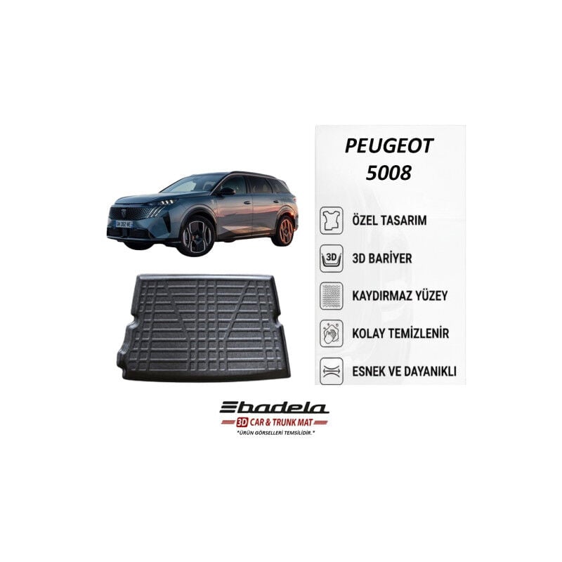 Peugeot 5008 2024-2026 Siyah 3D Kauçuk Kokusuz Bagaj Havuzu