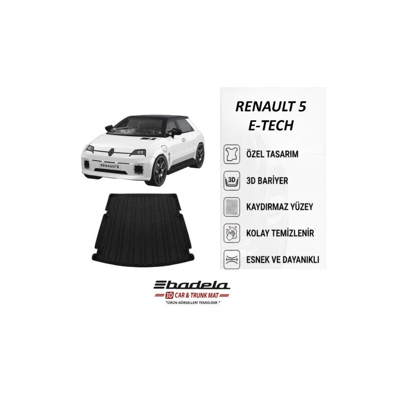 Renault 5 E-Tech Elektrikli 2025-2026 Siyah 3D Kauçuk Kokusuz Bagaj Havuzu