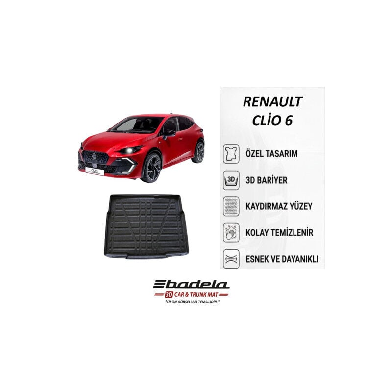Yeni Renault Clio 6 Hatchback 2026 Siyah 3D Kauçuk Kokusuz Bagaj Havuzu