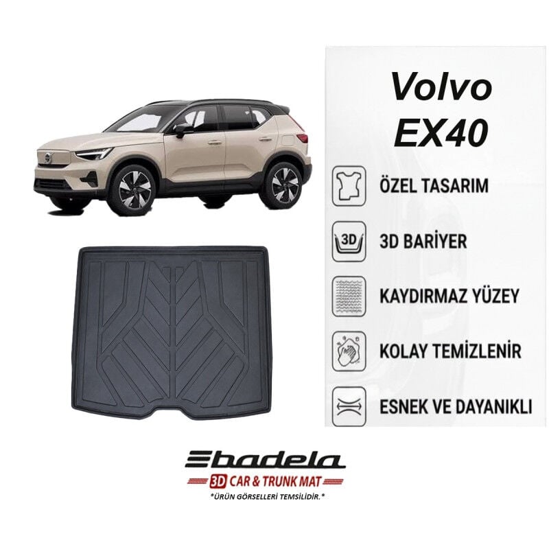 Badela Volvo EX40 Elektrikli 2024 ve Sonrası Siyah 3D Kauçuk Kokusuz Bagaj Havuzu