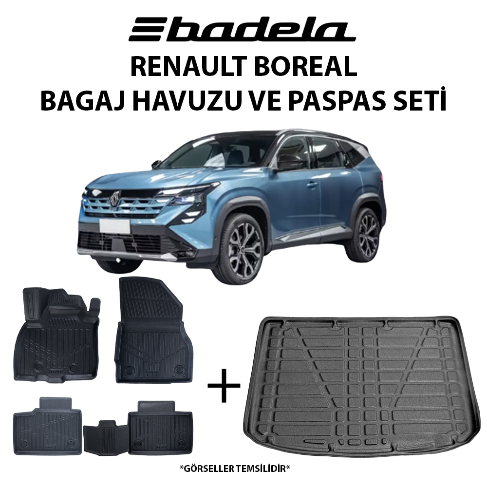 Renault Boreal 2026 Siyah 3D Kauçuk Kokusuz Bagaj Havuzu ve 3D Oto Paspas Seti