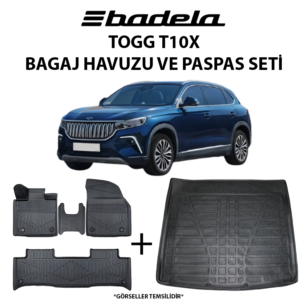 Togg T10X 2023-2026 Siyah 3D Kauçuk Kokusuz Bagaj Havuzu ve Oto Paspas Seti