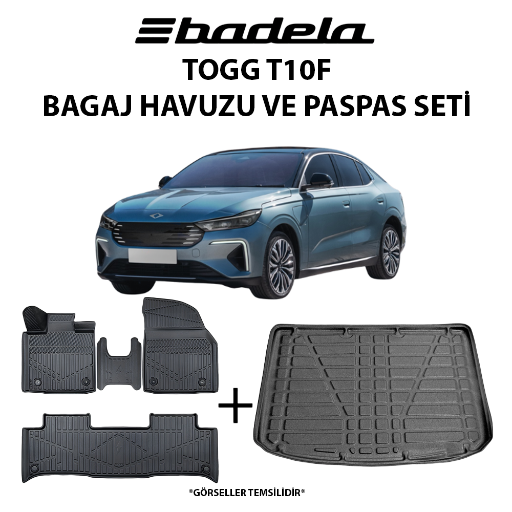 Togg T10F 2025-2026 Siyah 3D Kauçuk Kokusuz Bagaj Havuzu ve Oto Paspas Seti